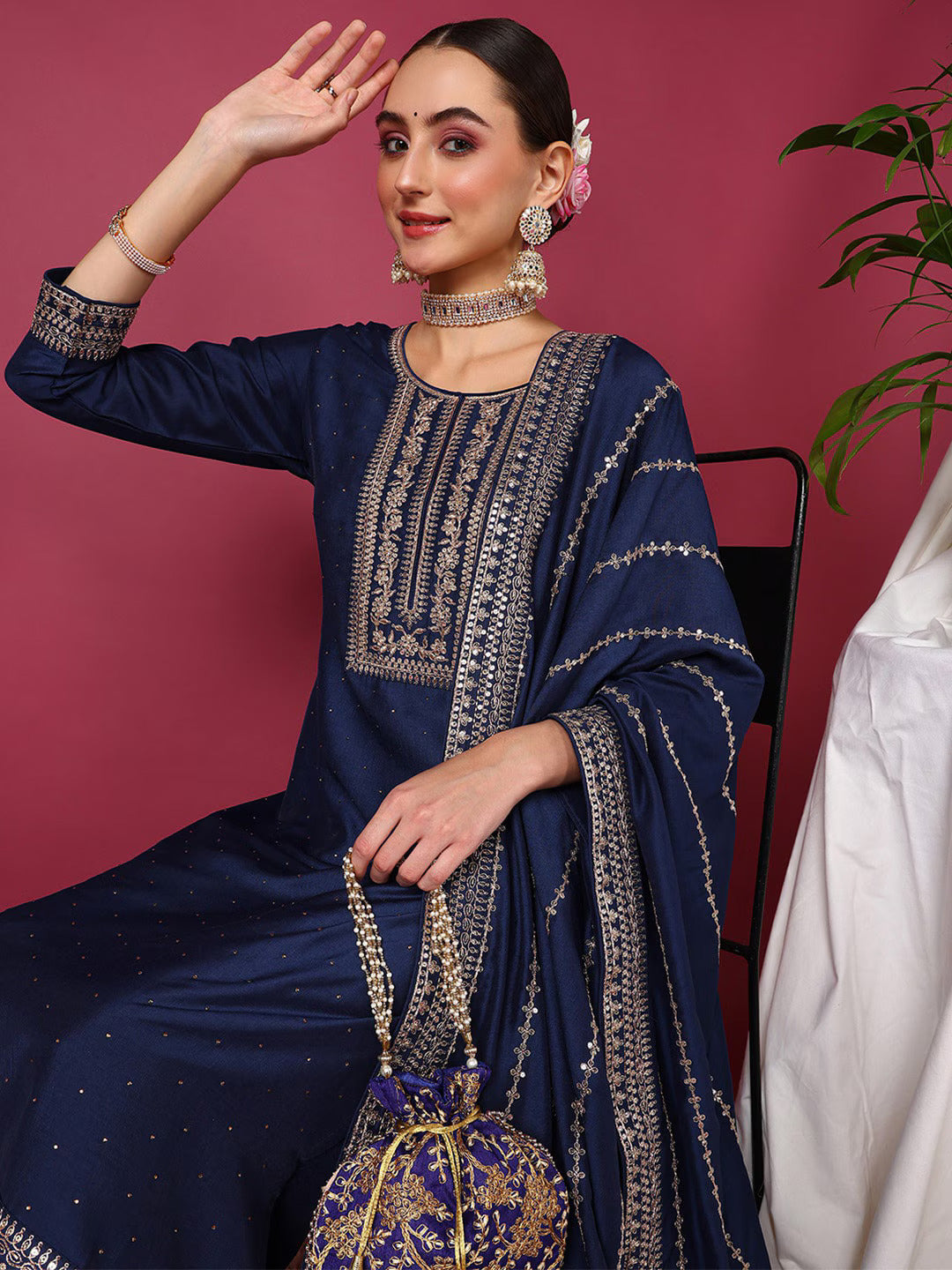 Blue Ethnic Motifs Embroidered Regular Gotta Patti Kurta With Palazzos & Dupatta