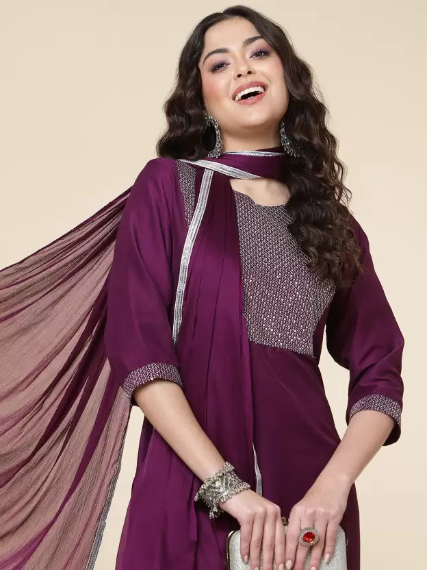 Women Purple Silk Blend Kurta Palazzo Dupatta Set