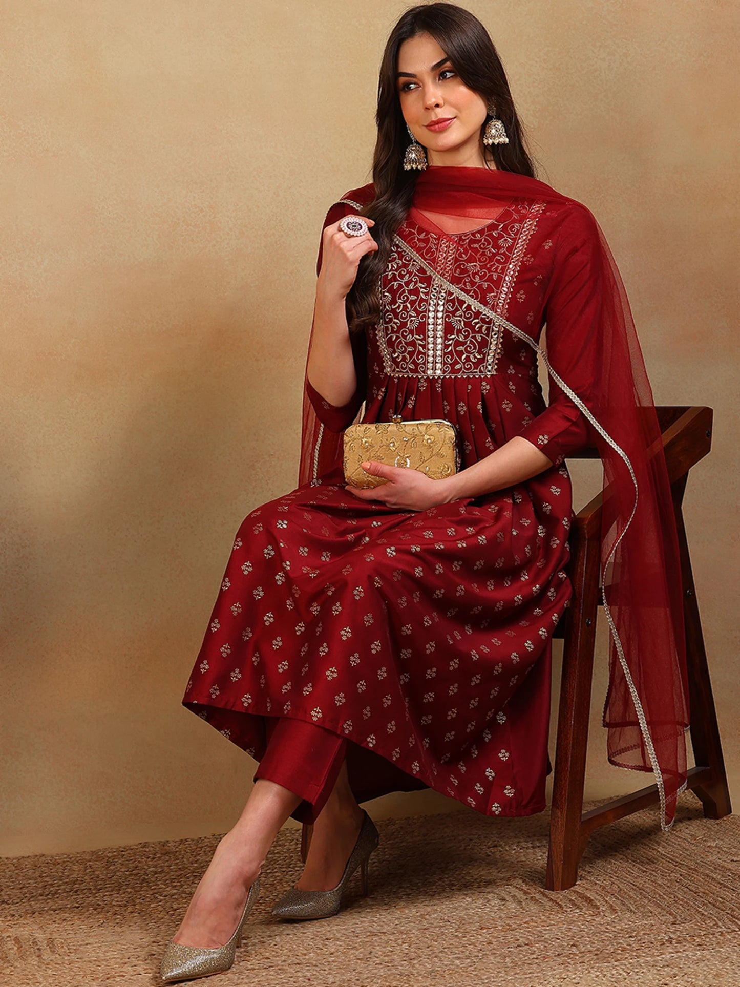 Women Red Silk Blend Kurta Pant Dupatta Set