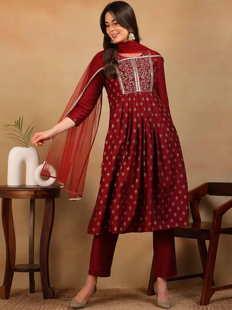 Women Red Silk Blend Kurta Pant Dupatta Set