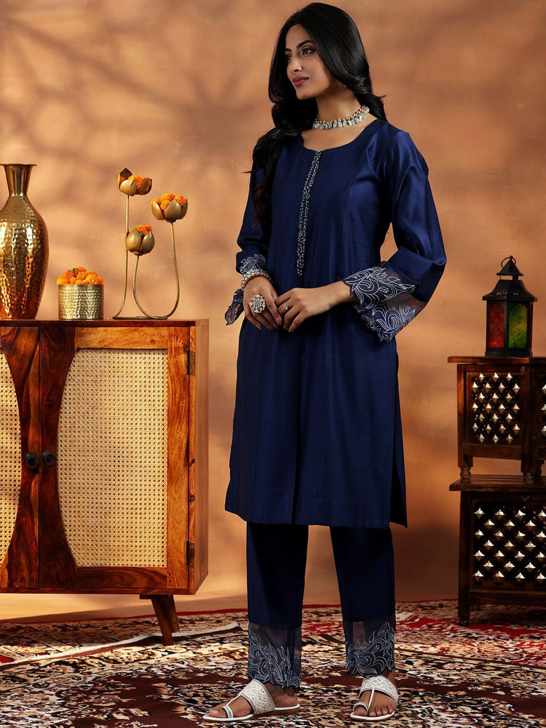 Women Yoke Design Panelled Beads and Stones Kurta with Trousers & With Dupatta