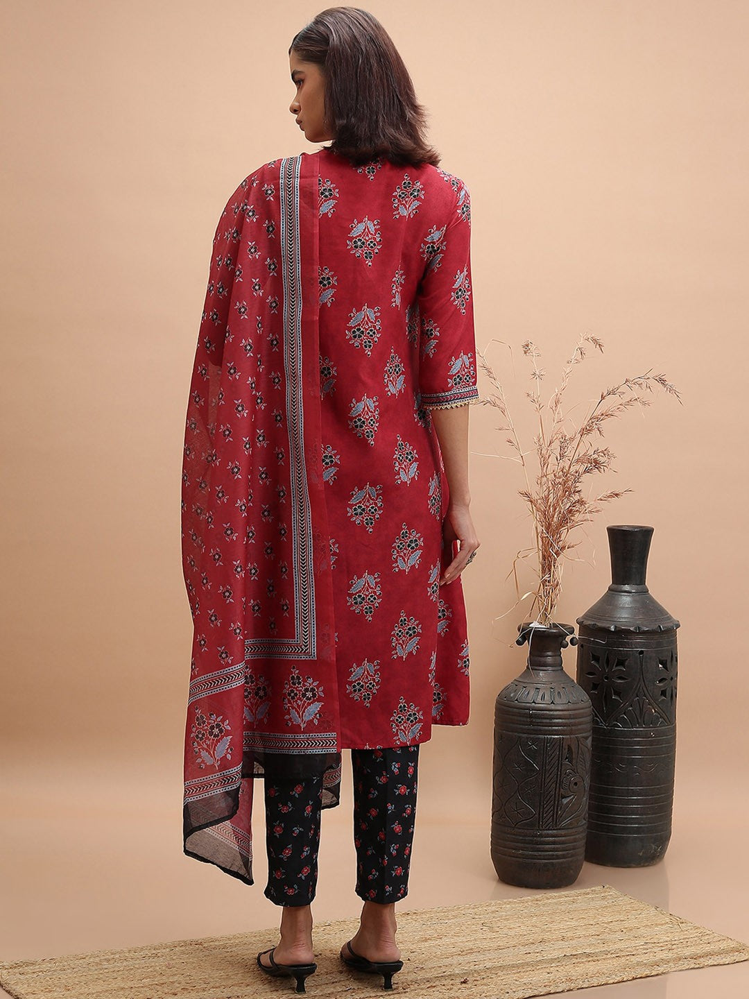 Red Floral Printe Kurta & Trousers With Dupatta