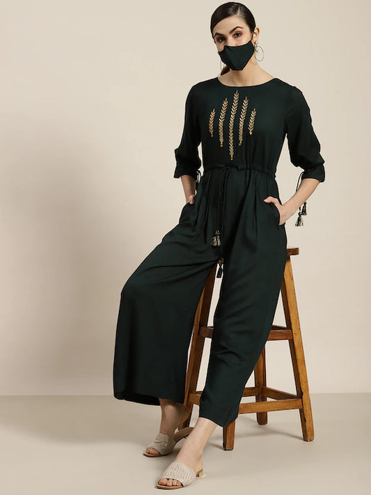 Women Green Embroidered Basic Jumpsuit with Gather detail