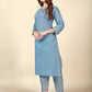 Women Blue Cotton Blend Kurta and Pant Set