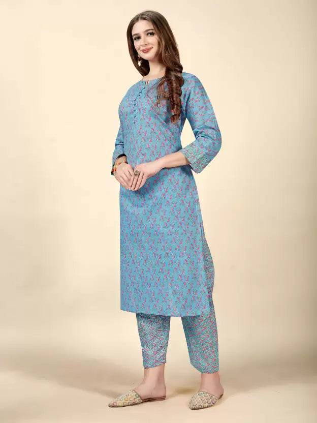 Women Blue Cotton Blend Kurta and Pant Set