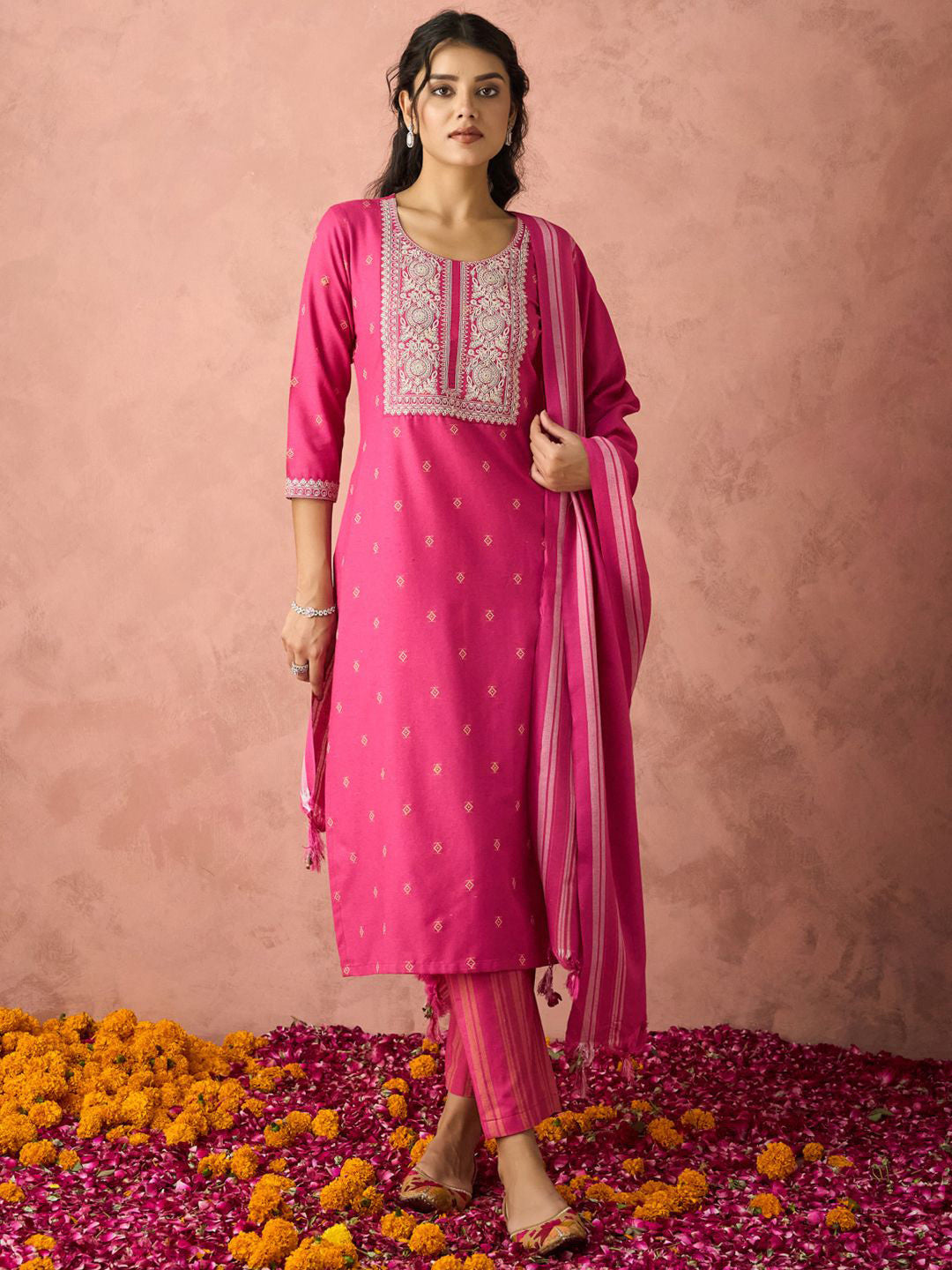 Ethnic Motifs Embroidered Straight Kurta With Trousers And Dupatta
