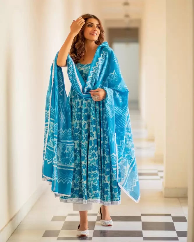 Women Blue Cotton Blend Kurta Pant Dupatta Set