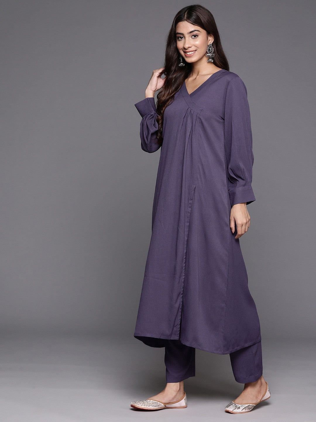 Women Angrakha Silk Crepe Kurta with Trousers