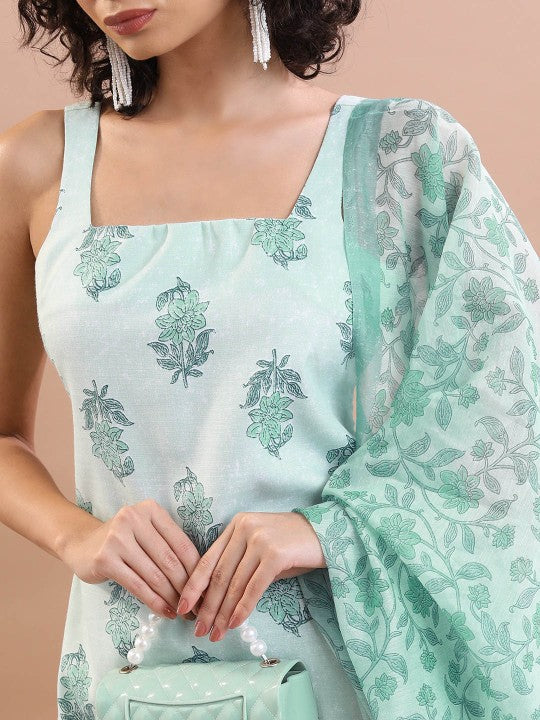 Floral Printed Square Neck Straight Kurta & Sharara With Dupatta