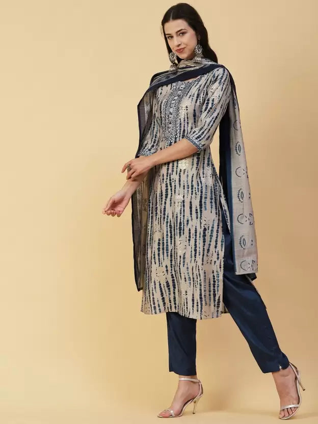 Women Blue Viscose Rayon Kurta Pant Dupatta Set