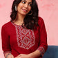 Red Embroidered Yoke Design Straight Kurti