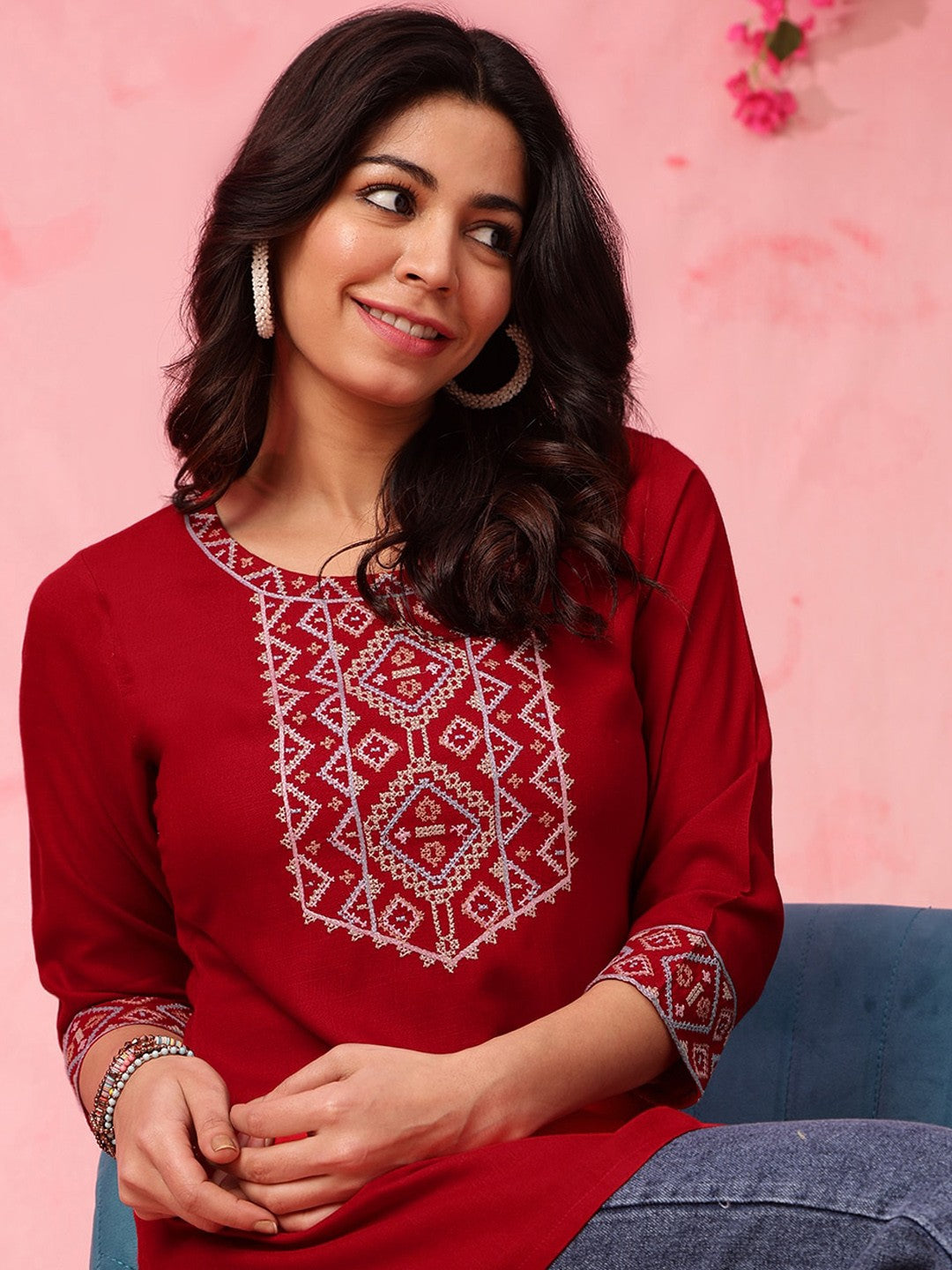 Red Embroidered Yoke Design Straight Kurti