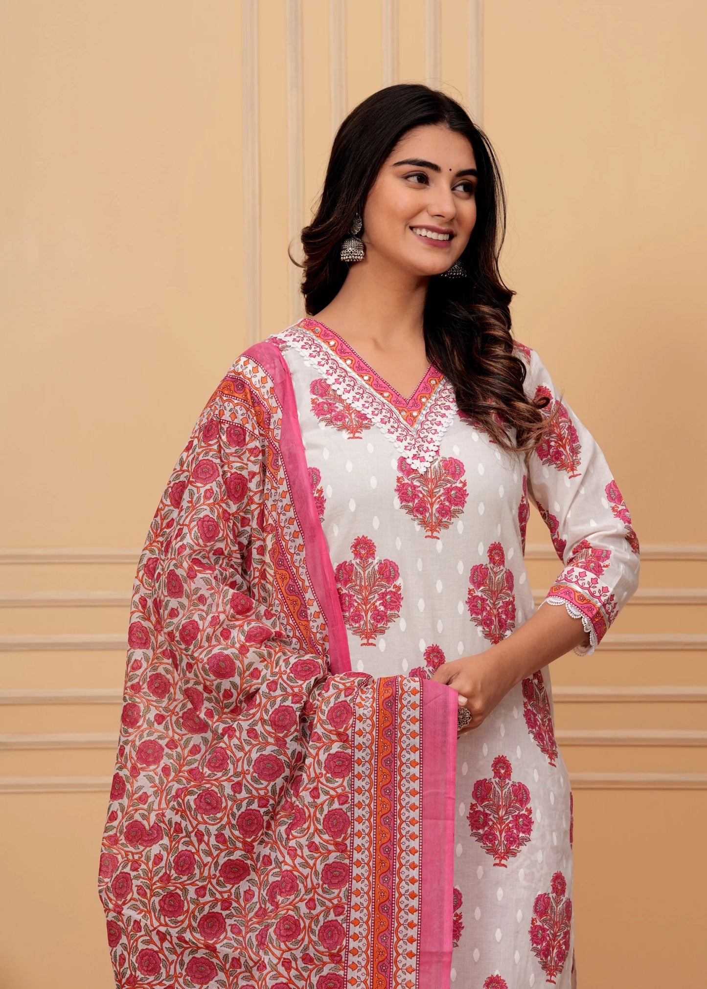 Women Pink Pure Cotton Kurta Pant Dupatta Set