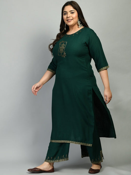 Women Green Plus Size Floral Yoke Design Kurta with Palazzo