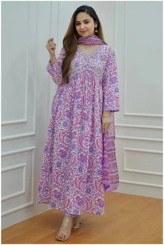 Women Purple Floral Pure Cotton Kurta and Pant Set