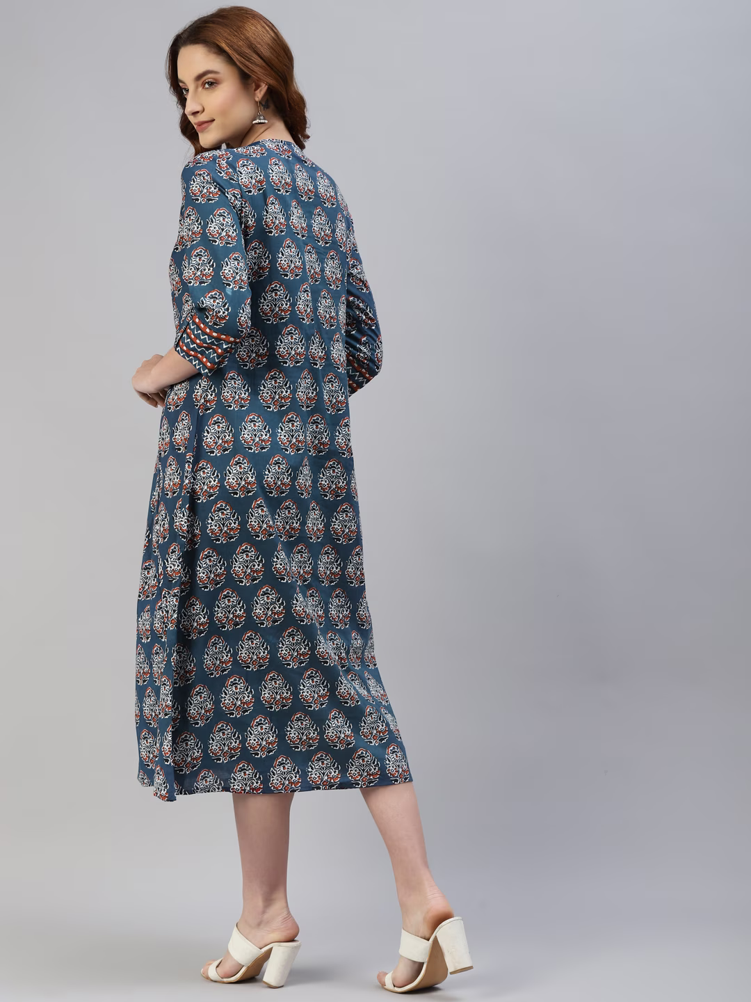 Women Teal Blue & White Ethnic Motifs Printed A-Line Midi Dress