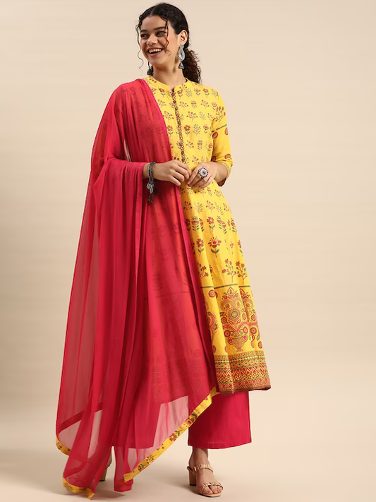 Women Yellow Pure Cotton Printed Kurta with Palazzos & Dupatta