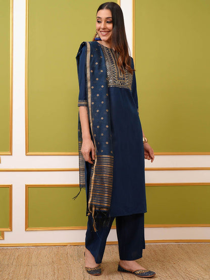 Ethnic Motifs Yoke Designed Sequined Straight Kurta with Palazzos & Dupatta - Amy's Cart