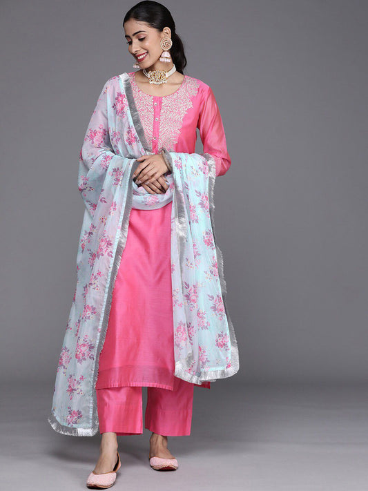 Floral Yoke Design Straight Sequinned Chanderi Silk Kurta With Trousers & Dupatta