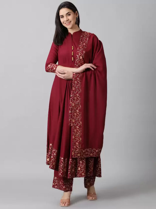 Women  Maroon Viscose Rayon Kurta Palazzo Dupatta Set