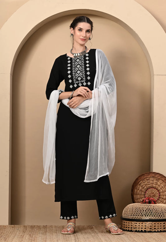 Women Black Viscose Rayon Kurta Pant Dupatta Set (Embroidered)