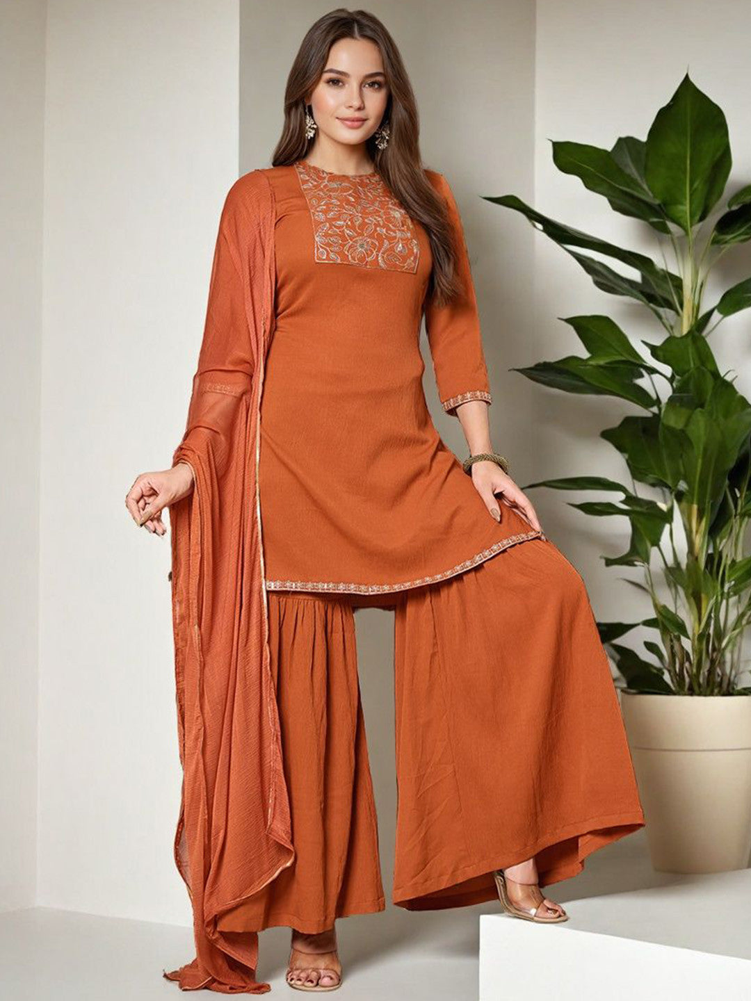 Floral Printed Thread Work Pure Silk Straight Kurta With Sharara & Dupatta