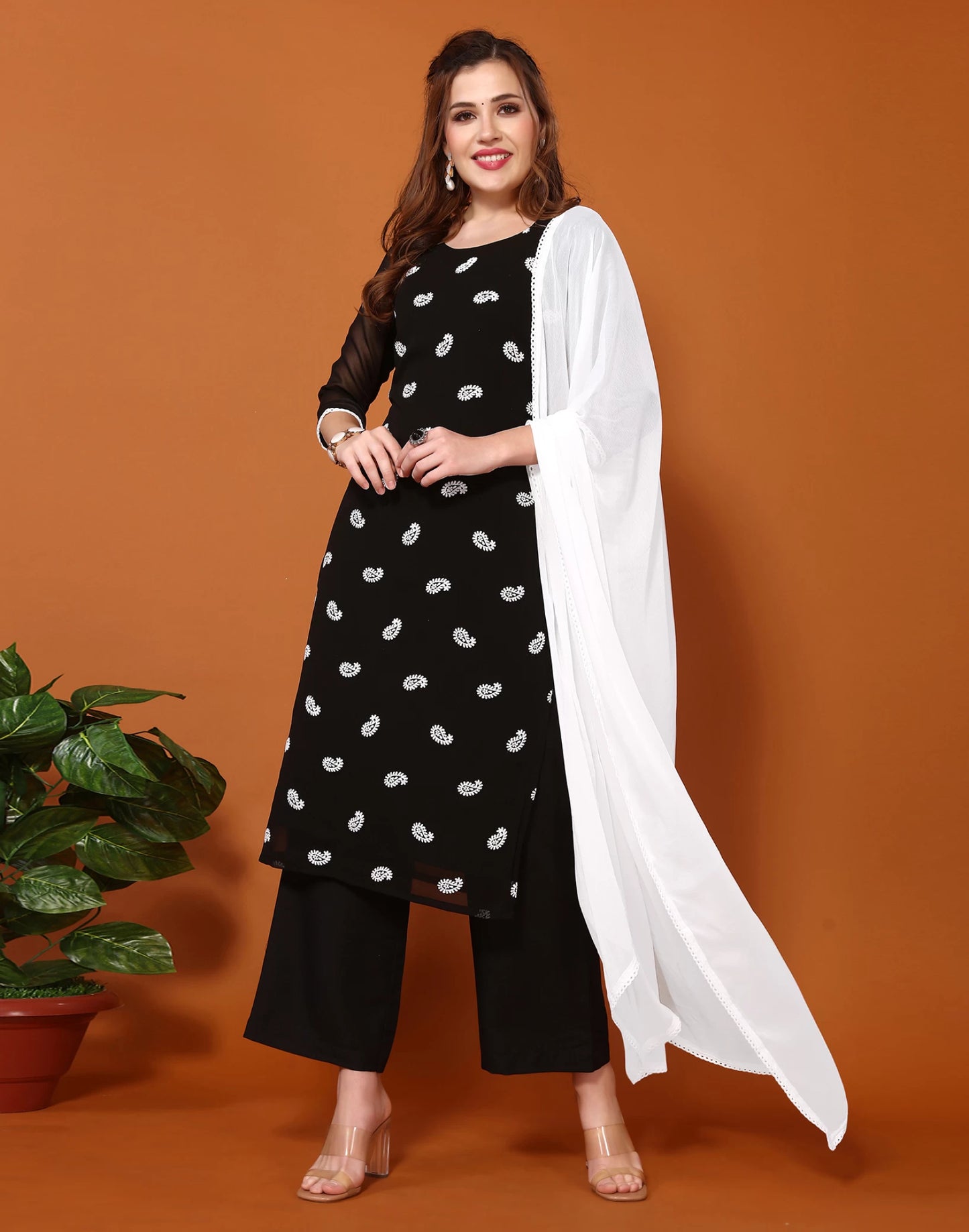 Women Georgette Kurta Palazzo Dupatta Set