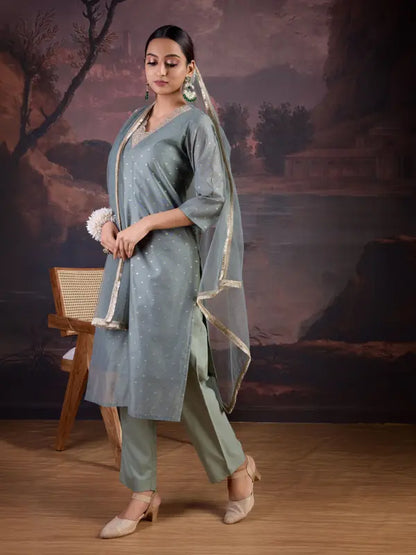 Women Chanderi Kurta Pant Dupatta Set