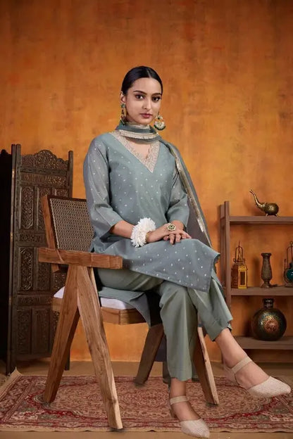 Women Chanderi Kurta Pant Dupatta Set