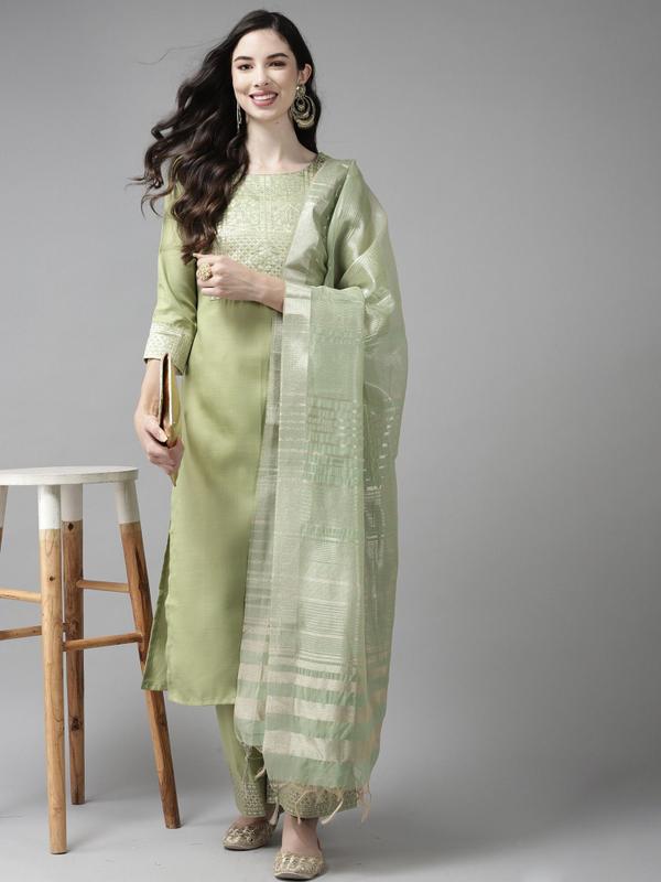Women Cotton Blend Kurta Palazzo Dupatta Set