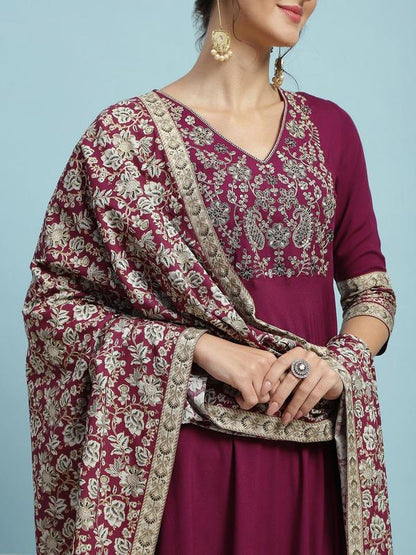 Bunai Dhaga Women Kurta Palazzo Dupatta Set Maroon
