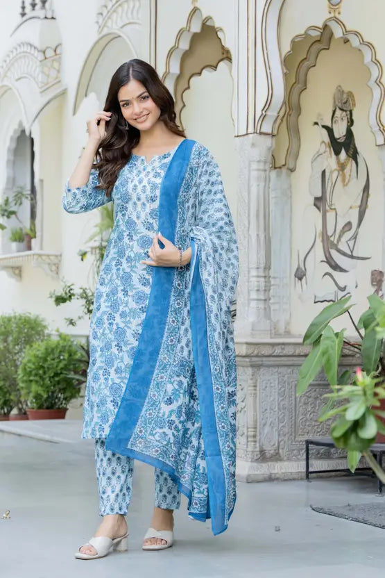 Women Pure Cotton Kurta Pant Dupatta Set