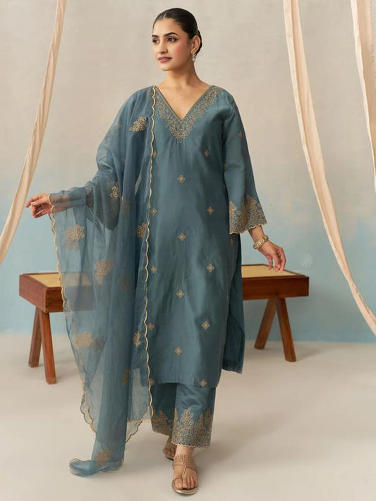Women Chanderi Kurta Palazzo Dupatta Set
