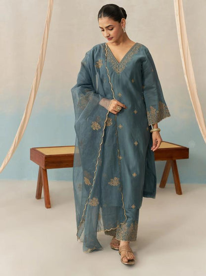 Women Chanderi Kurta Palazzo Dupatta Set