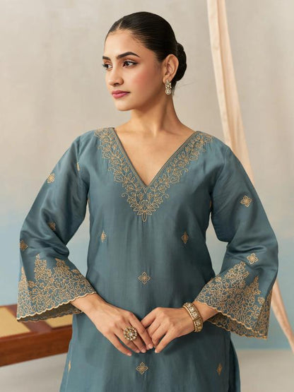 Women Chanderi Kurta Palazzo Dupatta Set