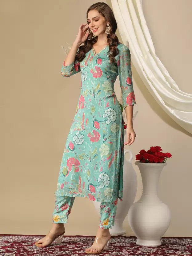 Women Cotton Blend Kurti Pant Set