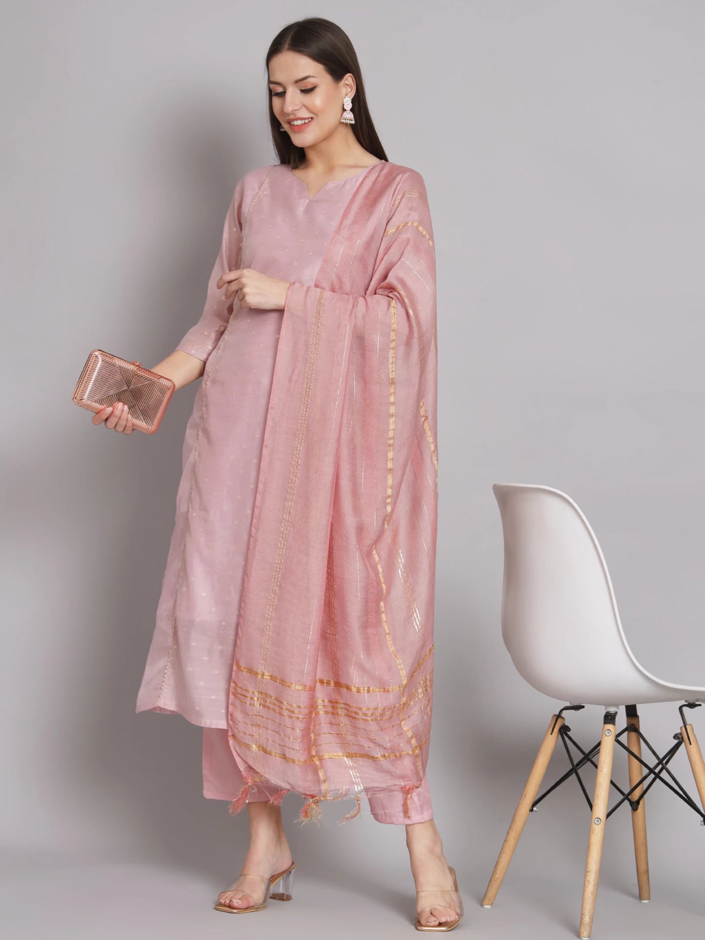 Women Chanderi Kurta Pant Dupatta Set