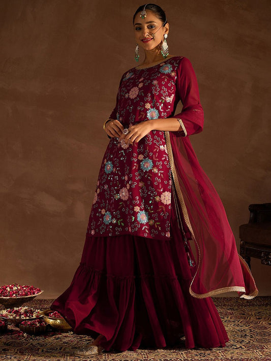 Women Floral Embroidered Regular Sequinned Kurta with Sharara & With Dupatta