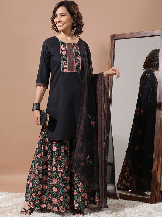Floral Printed Thread Work Kurta with Sharara & With Dupatta