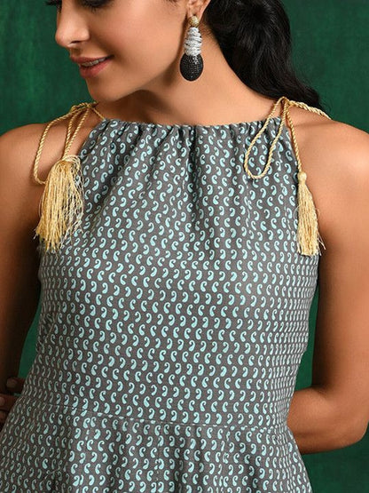 Printed Cotton Round Neck A-Line Maxi Dress