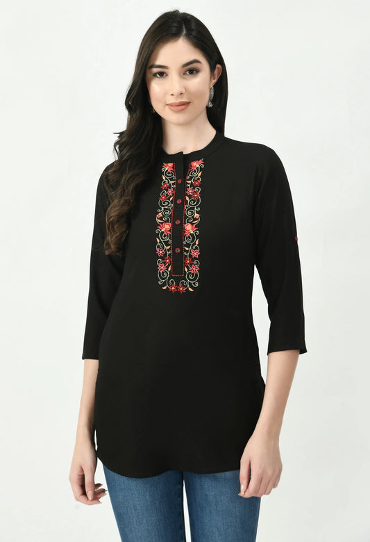 Casual Roll Up Sleeves Embroidered Women Black Top