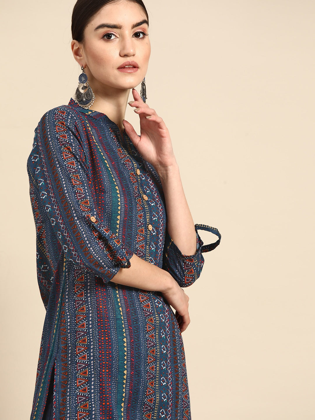 Women Navy Blue Printed Pure Cotton Kurta with Trousers