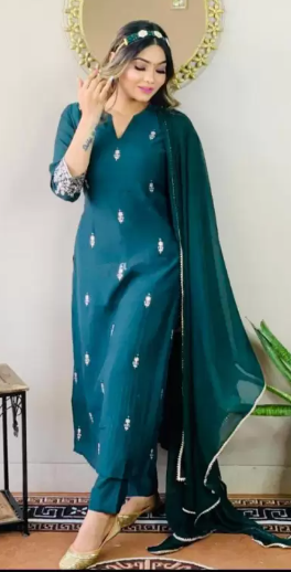 Women Teal Cotton Blend Kurti Pant Dupatta Set