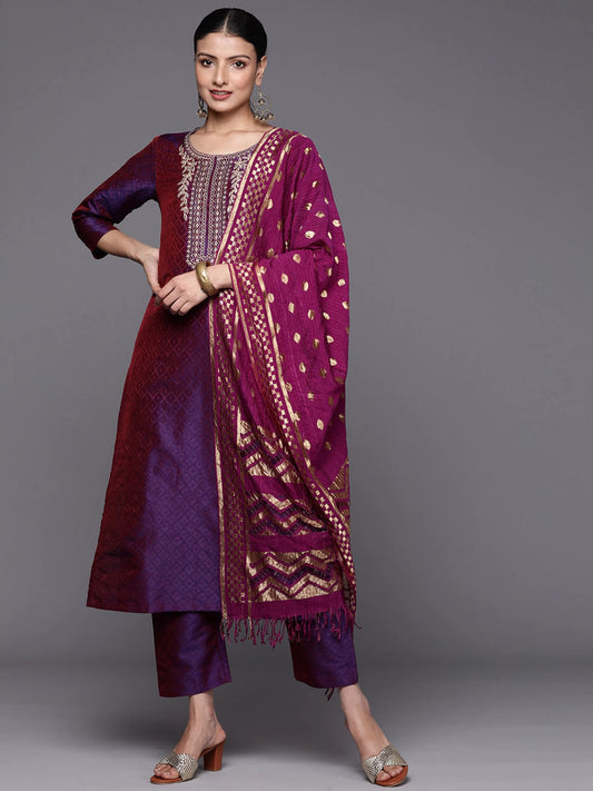 Women Purple Silk Blend Kurta Pant Dupatta Set