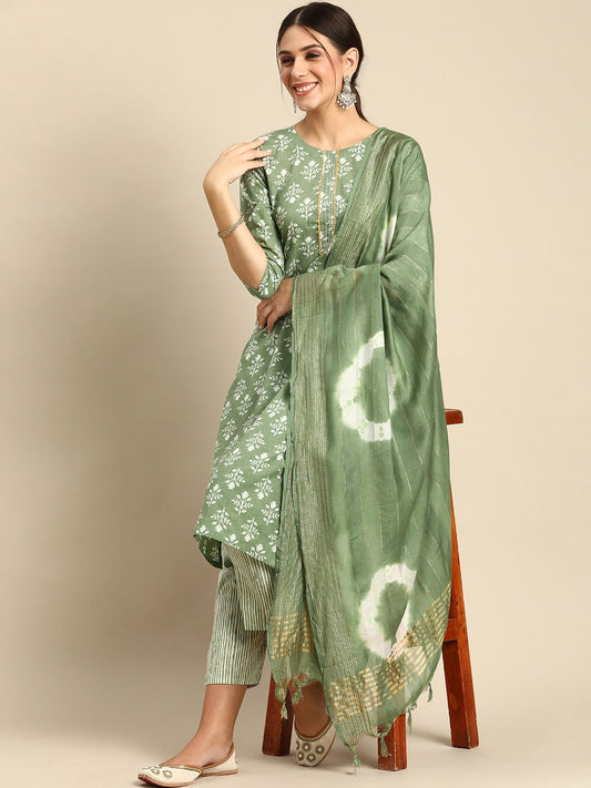 Green & White Floral Printed Gotta Patti Cotton Straight Kurta Trousers Dupatta