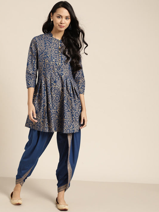 Women Navy Blue Ethnic Motifs Printed Pleated Pure Cotton Kurti with Dhoti Pants