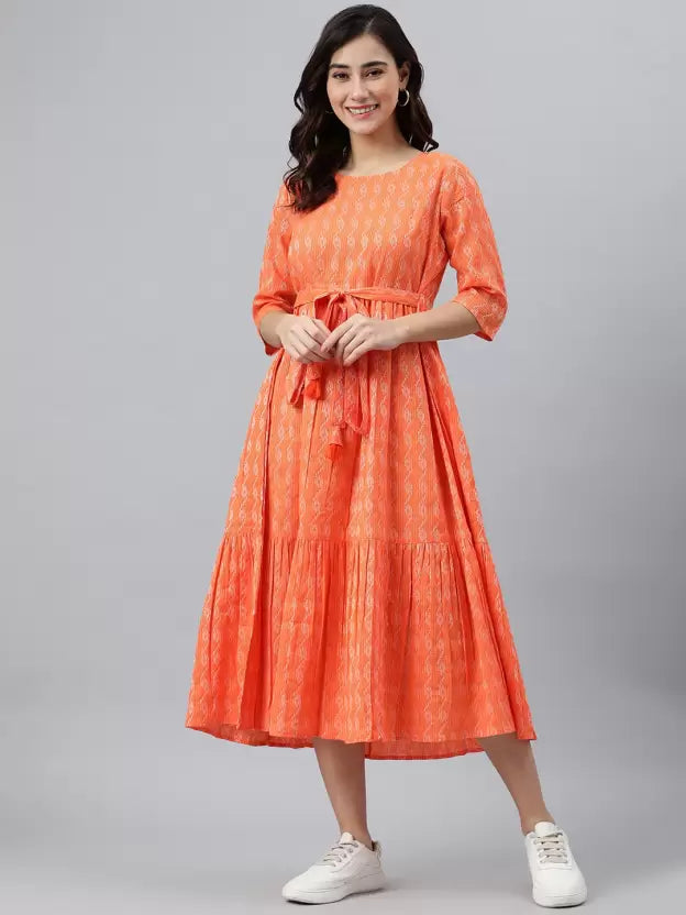 Women Fit and Flare Orange Dress