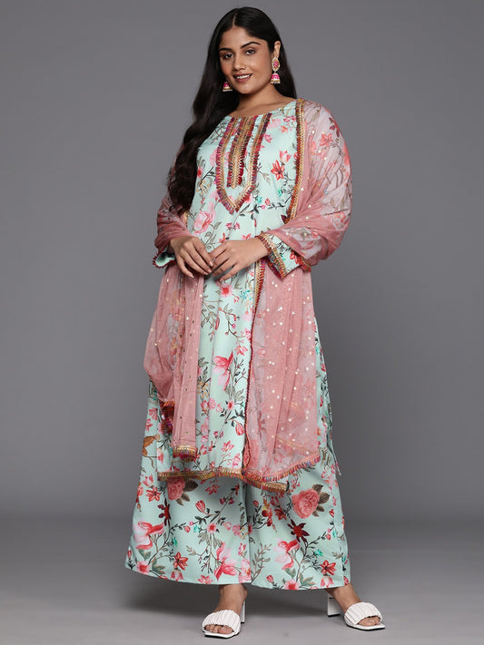 Plus Size Floral Printed Zari Kurta with Palazzos & Dupatta