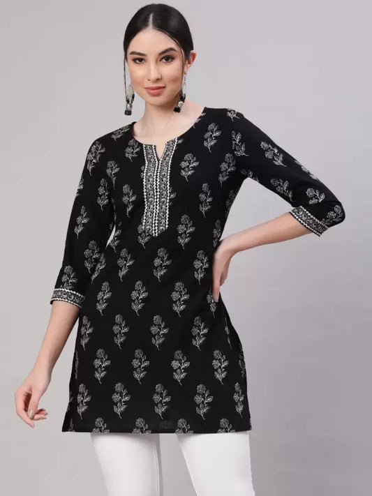 Black Floral Printed Straight Kurtis