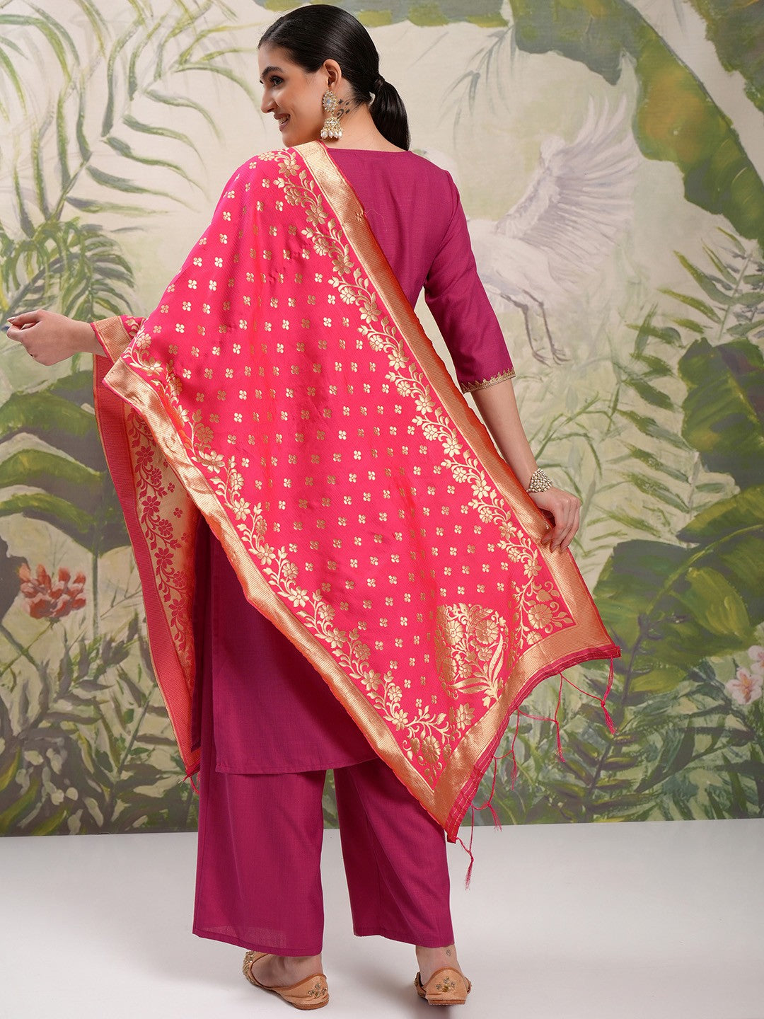 Pink Vishudh Round Neck Embellished Straight Kurta & Palazzos With Dupatta